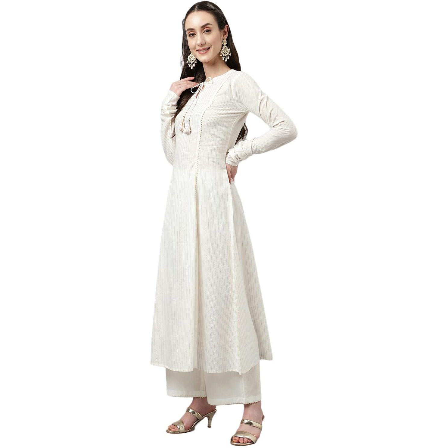 Fiorra Women's Off White Pure Cotton Flared Kurta With Palazzo And Dupatta Set0074-2Xl