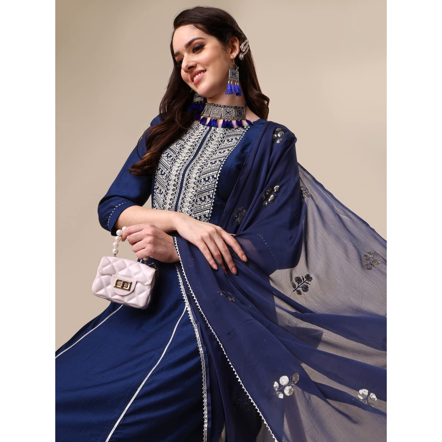 Ethnicjunction Women's Silk Embroidered Thread Work Chinon A-Line Kurta Pant With Dupatta Navy