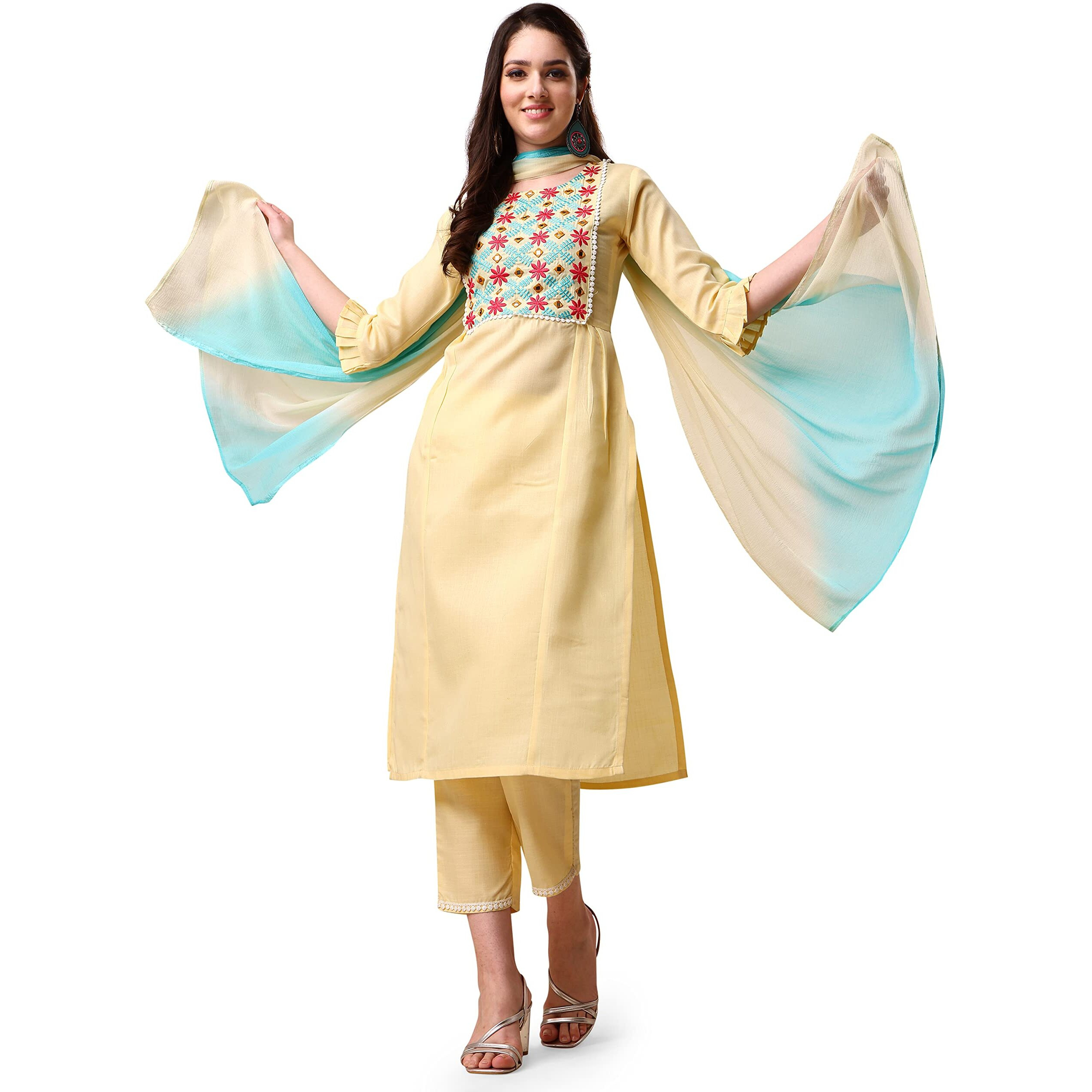 Ethnicjunction Women's Embroidered Thread Work Cotton Blend Straight Kurta With Pant With Ombre Dupatta Set (Skd3-Monali-Yellow_L_Yellow)