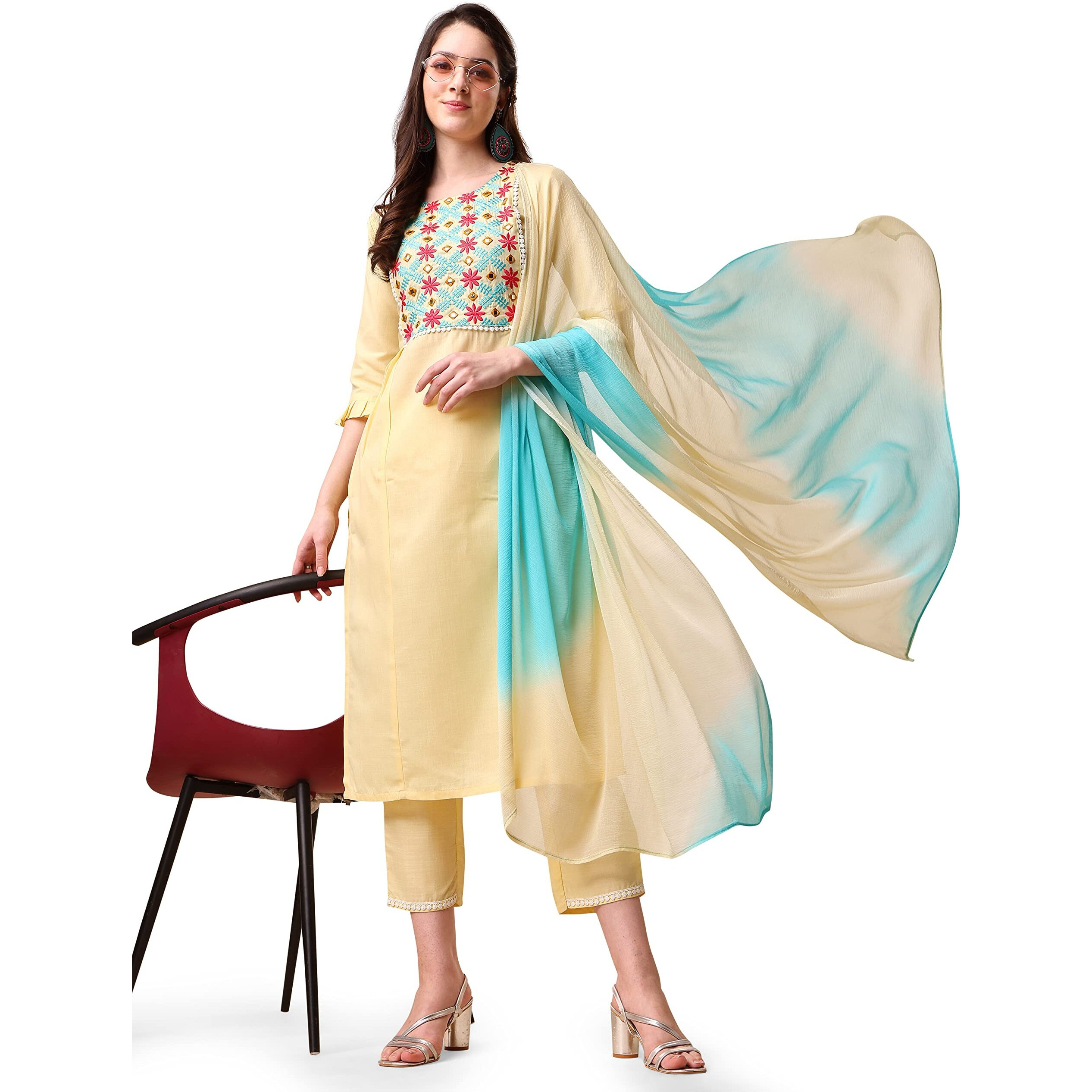 Ethnicjunction Women's Embroidered Thread Work Cotton Blend Straight Kurta With Pant With Ombre Dupatta Set (Skd3-Monali-Yellow_L_Yellow)