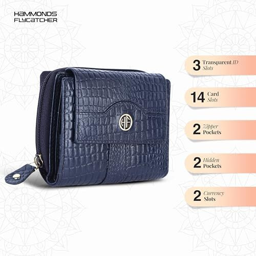 Hammonds Flycatcher Leather Ladies Wallet For Woman With 14 Card Slots - Clutch Purse For Women, Ladies Wallet For Women Stylish, Ladies Purse For Women Wallet, Purse For Woman, Croc Blue