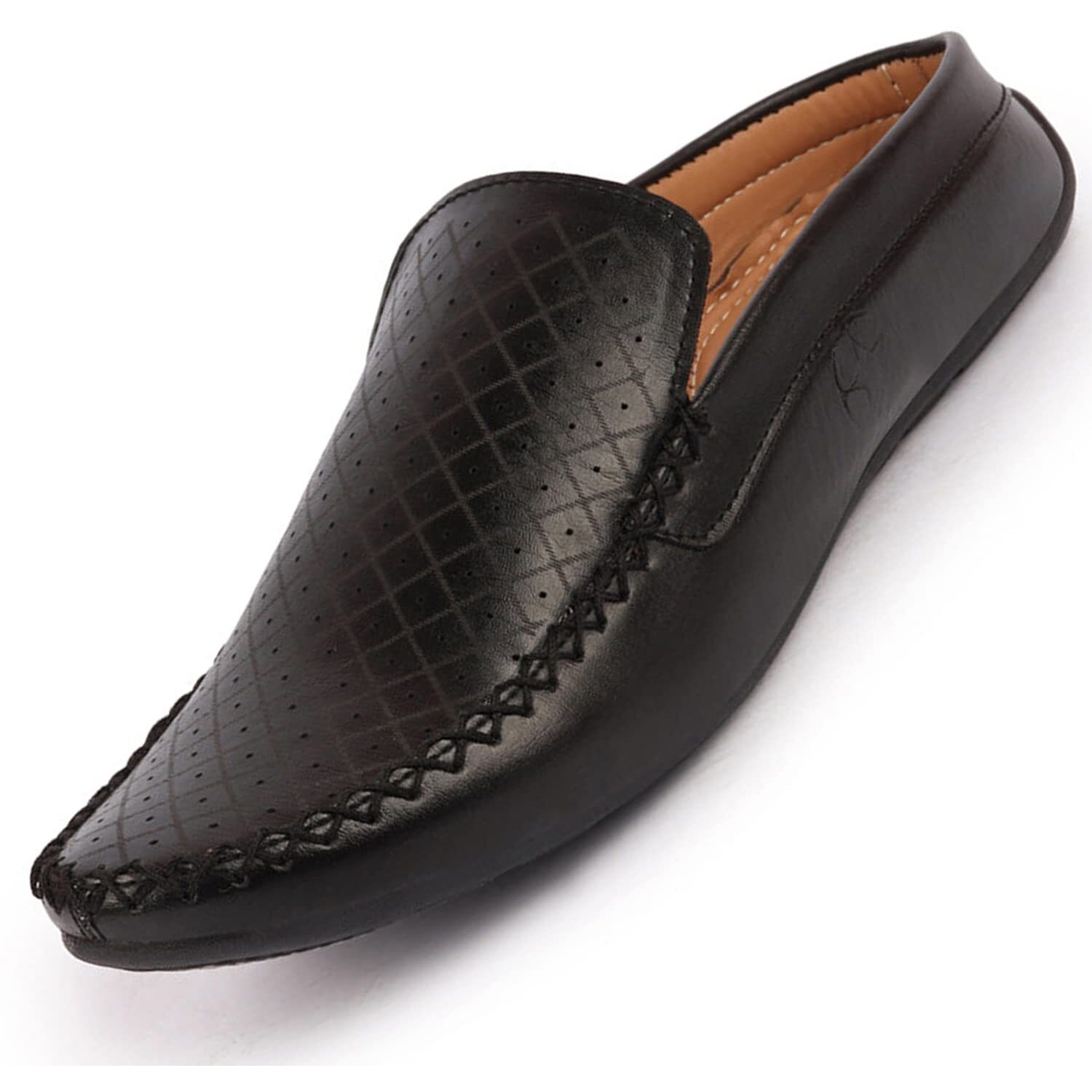 Fausto Fst Fosme-2027 Black-46 Men's Black Stitched Block Pattern Back Open Slip On Loafer Shoes (12 Uk)