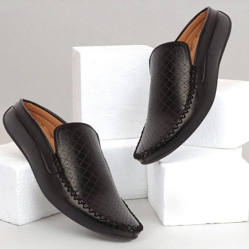 Fausto Fst Fosme-2027 Black-46 Men's Black Stitched Block Pattern Back Open Slip On Loafer Shoes (12 Uk)