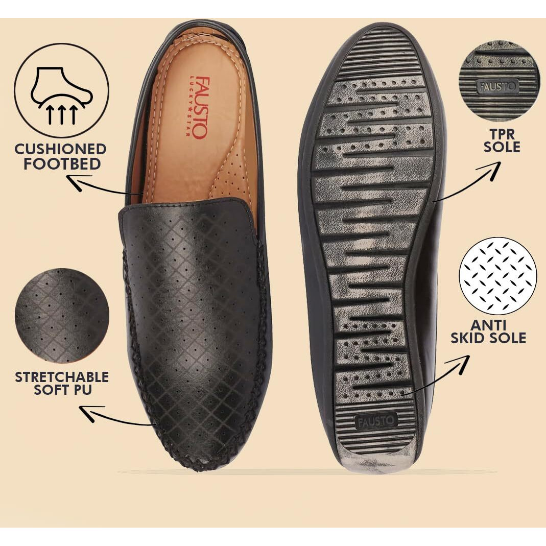 Fausto Fst Fosme-2027 Black-46 Men's Black Stitched Block Pattern Back Open Slip On Loafer Shoes (12 Uk)