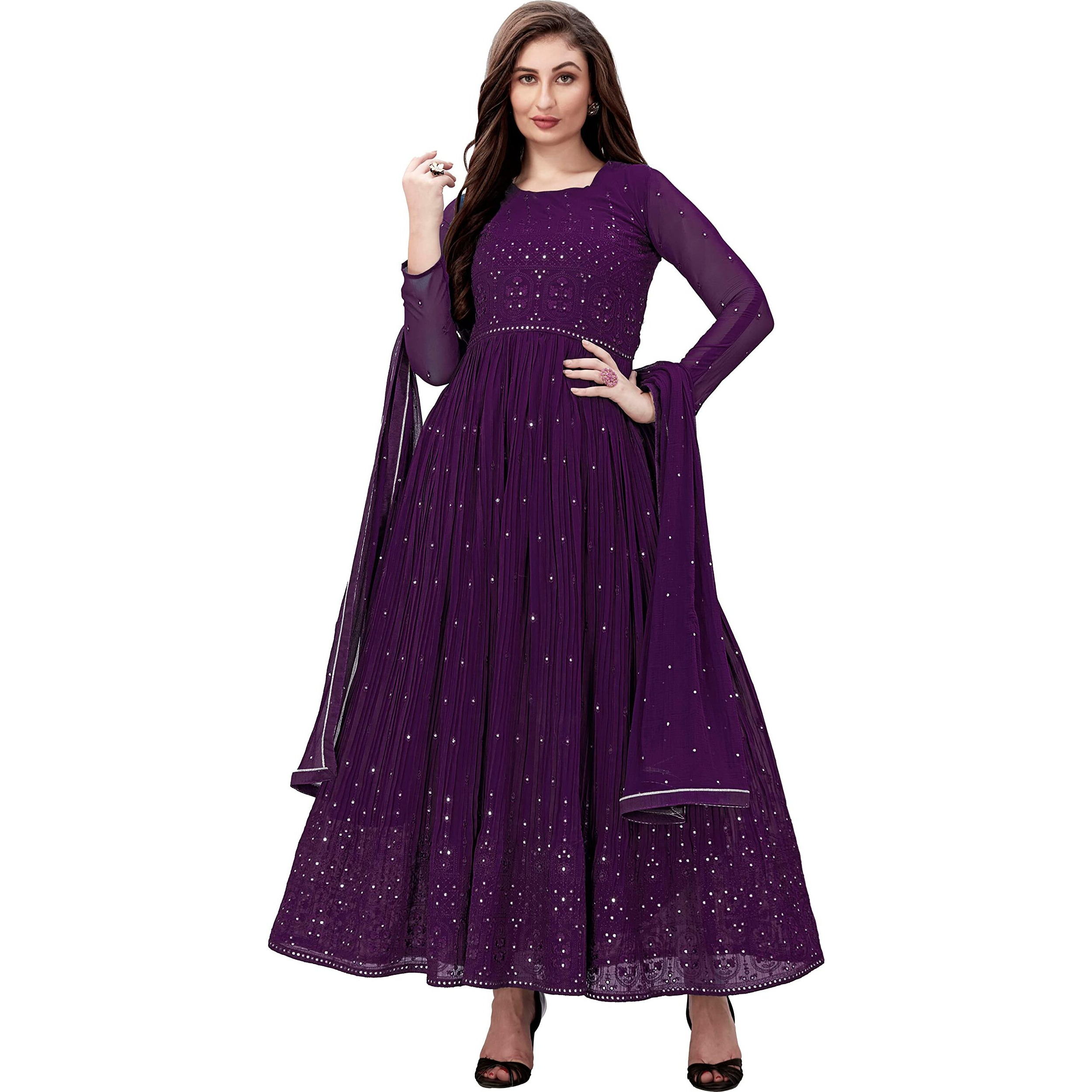 Trendmalls Women's Georgette Embroidery Salwar Suit Anarkali Kurta Set With Dupatta (G88-Purple-S)