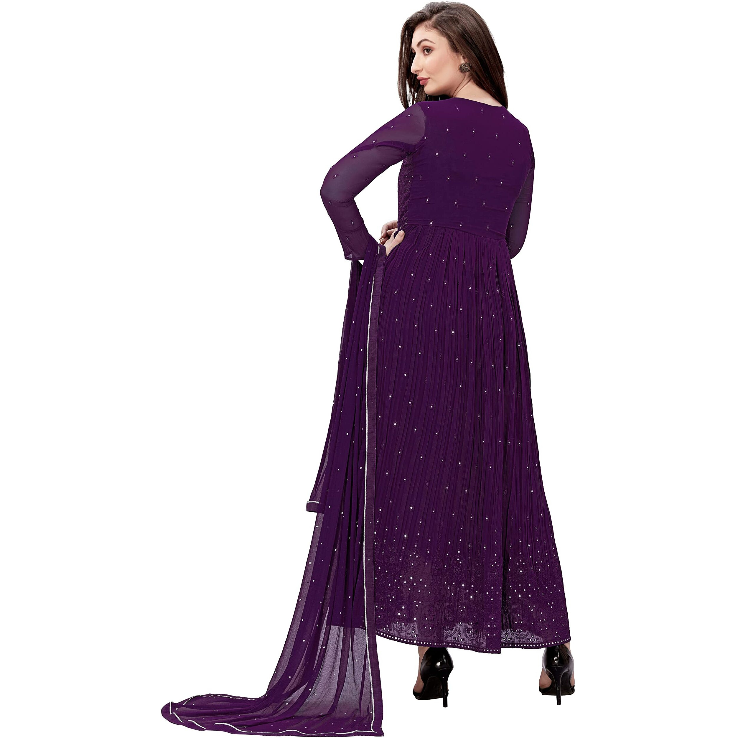 Trendmalls Women's Georgette Embroidery Salwar Suit Anarkali Kurta Set With Dupatta (G88-Purple-S)