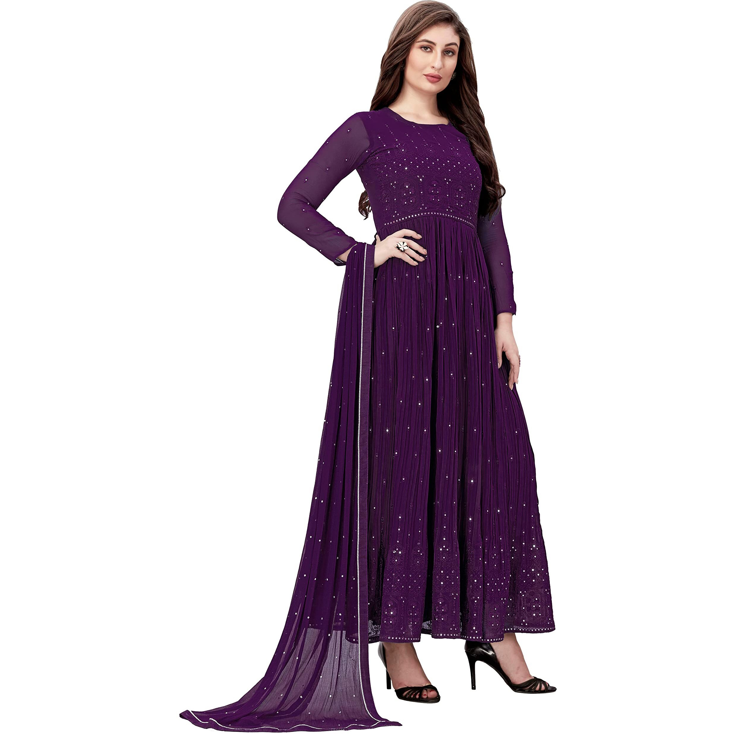 Trendmalls Women's Georgette Embroidery Salwar Suit Anarkali Kurta Set With Dupatta (G88-Purple-S)