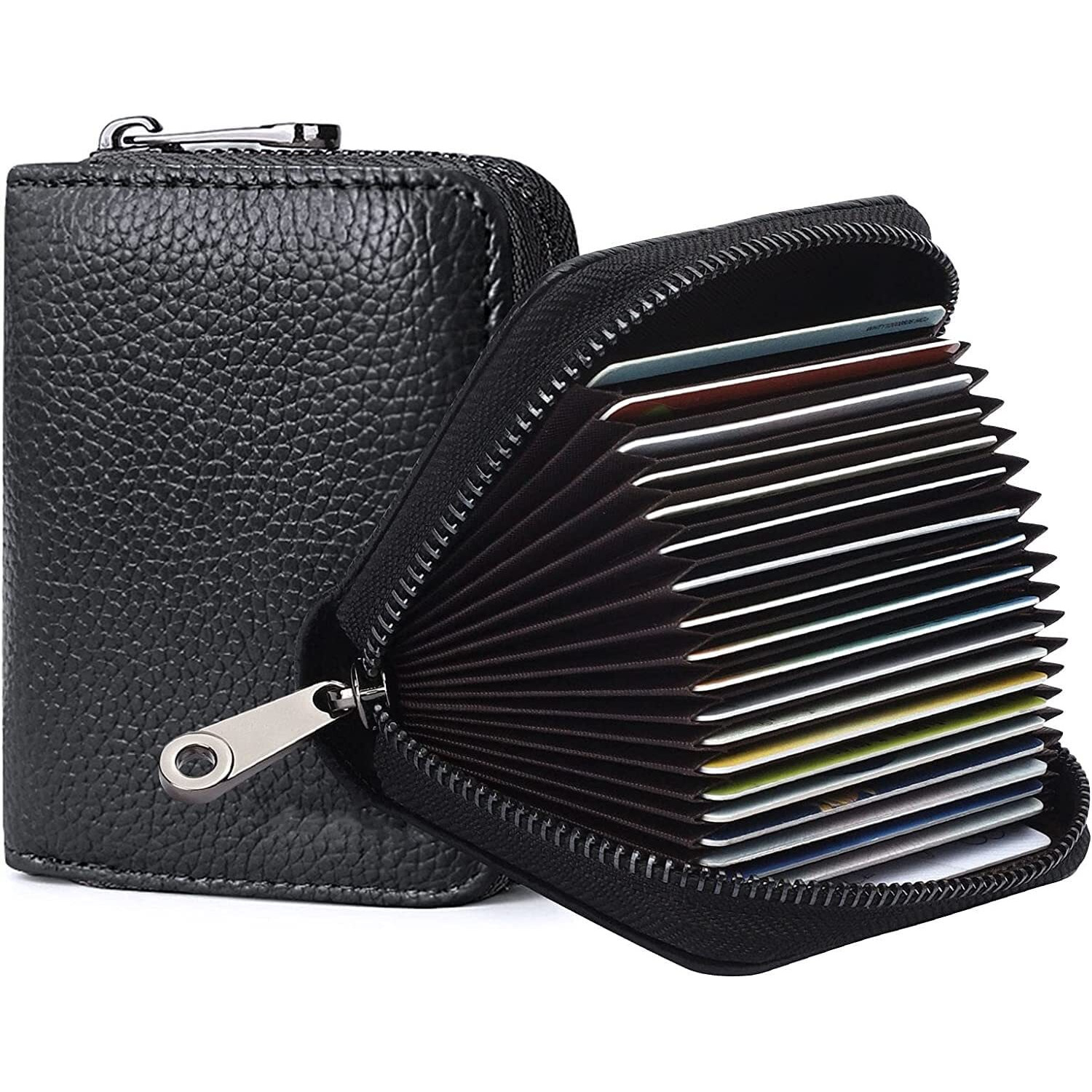 Vogard Rfid 12 Card Slots Leather Credit Card Holder Small Zipper Card Case Wallet For Women & Men (Pop69-Black)