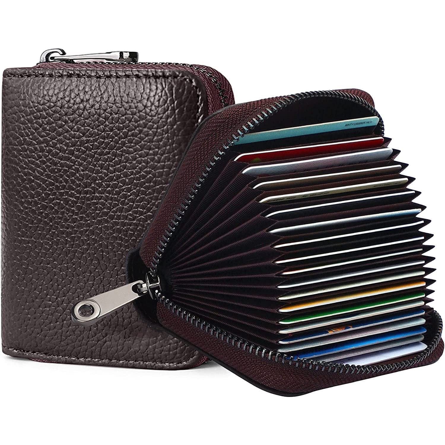 Vogard Rfid 12 Card Slots Leather Credit Card Holder Small Zipper Card Case Wallet For Women & Men (Pop69-Brown)