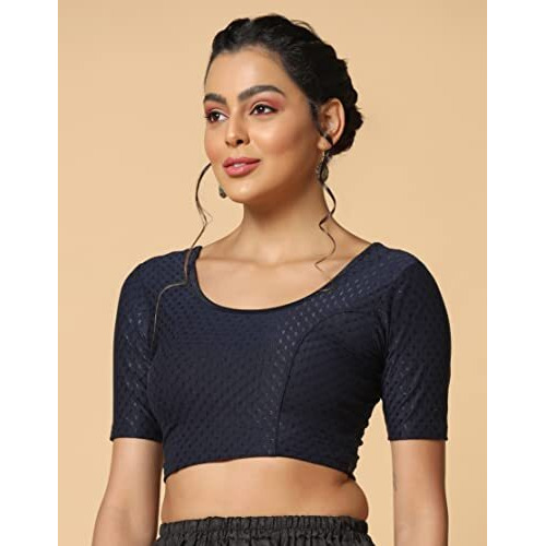Toplot Cotton Blend Lycra Stretchable Round Neck Blouses For Women Readymade (Blouse-5058-Navy-34)