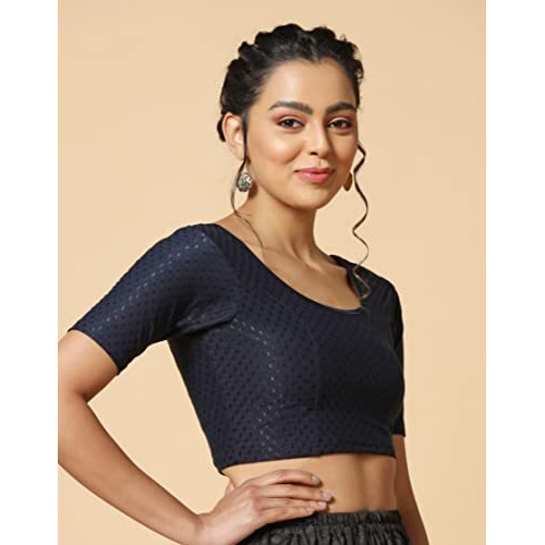 Toplot Cotton Blend Lycra Stretchable Round Neck Blouses For Women Readymade (Blouse-5058-Navy-34)