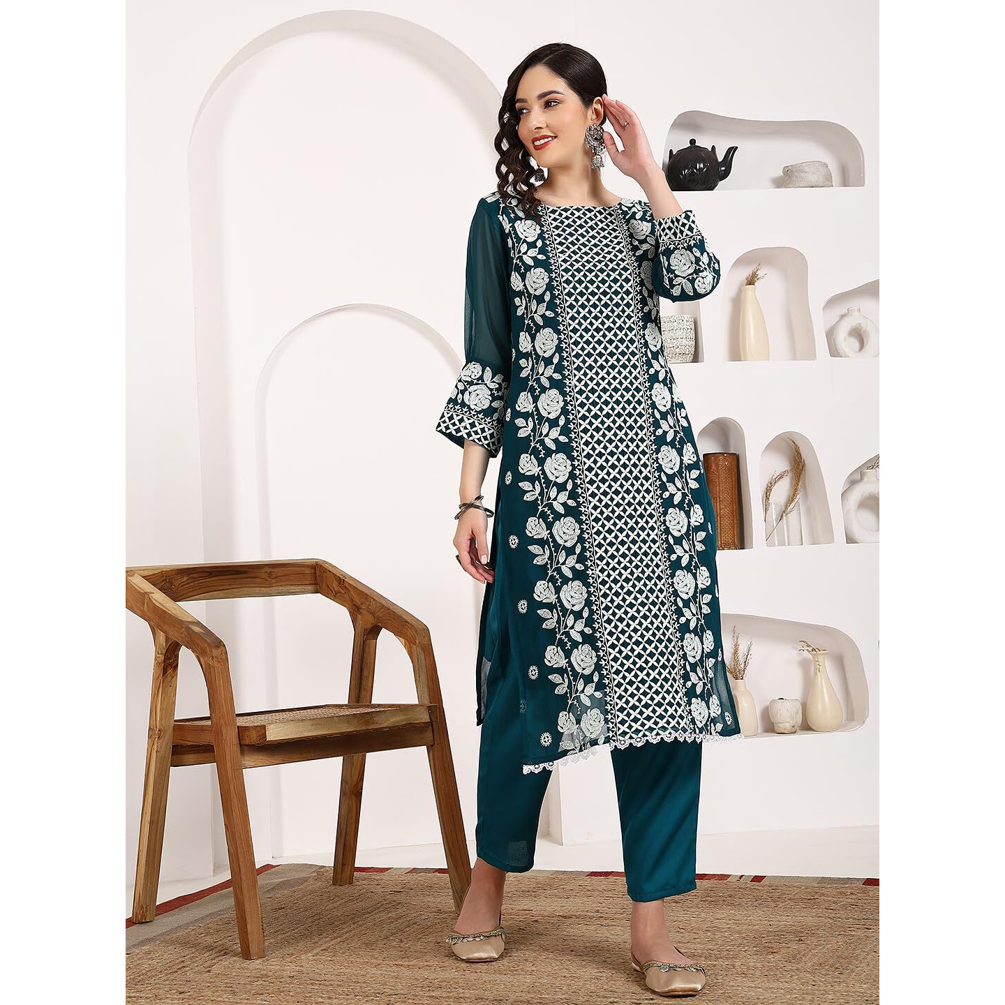 Ethnicjunction Women's Teal Blue Lucknowi Chikankari Embroidered Thread Work Georgette Straight Kurta Pant And Dupatta Set (Skd4-Panel-Teal_2Xl)