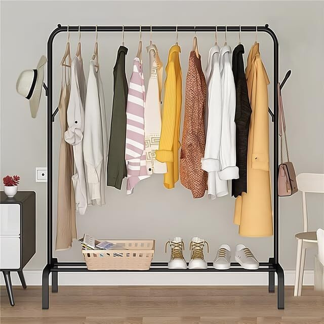 Lukzer Versatile Cloth Stand Freestanding Metal Garment Rack With Bottom Shelves And Coat Hanger  Perfect Storage Organizer (Black, 40 X 110 X 148 Cm/Mgs-001)