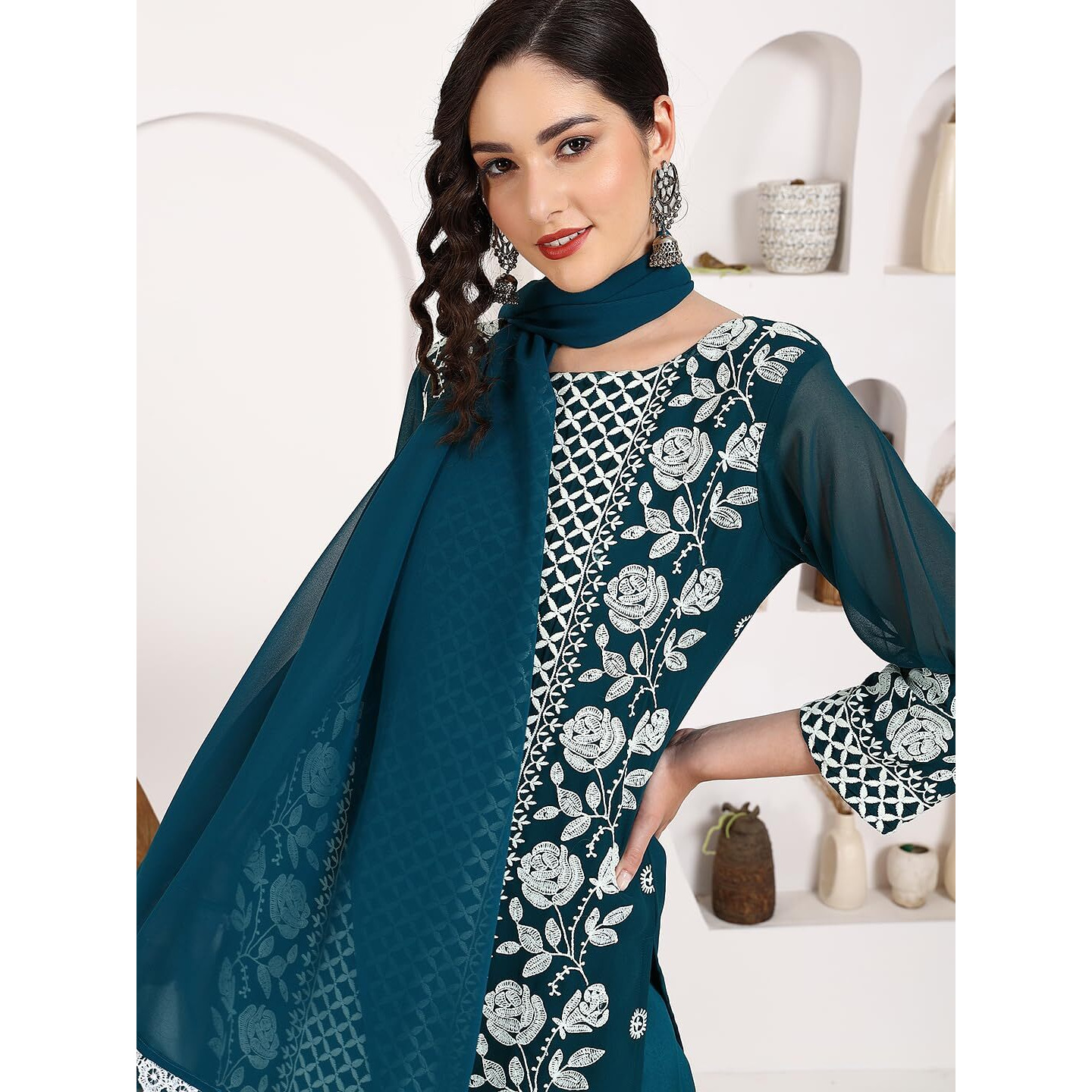 Ethnicjunction Women's Teal Blue Lucknowi Chikankari Embroidered Thread Work Georgette Straight Kurta Pant With Dupatta Set (Skd4-Panel-Teal_Xl)