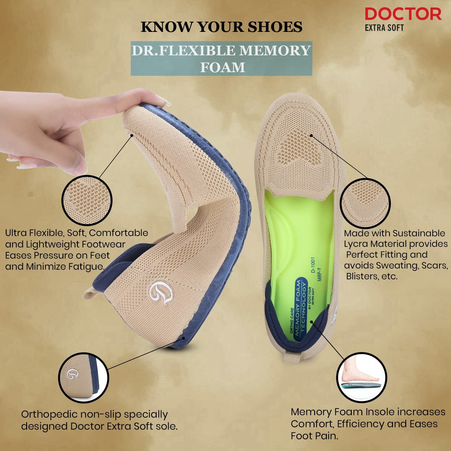 Doctor Extra Soft Flexible Memory Foam Women's Shoes For Walking Gym Training,Casual, Sports,Slip-On,Lightweight Lace Up Athletics Slipon Running Sneaker For Ladies And Girls D-1003-Beige-8 Uk