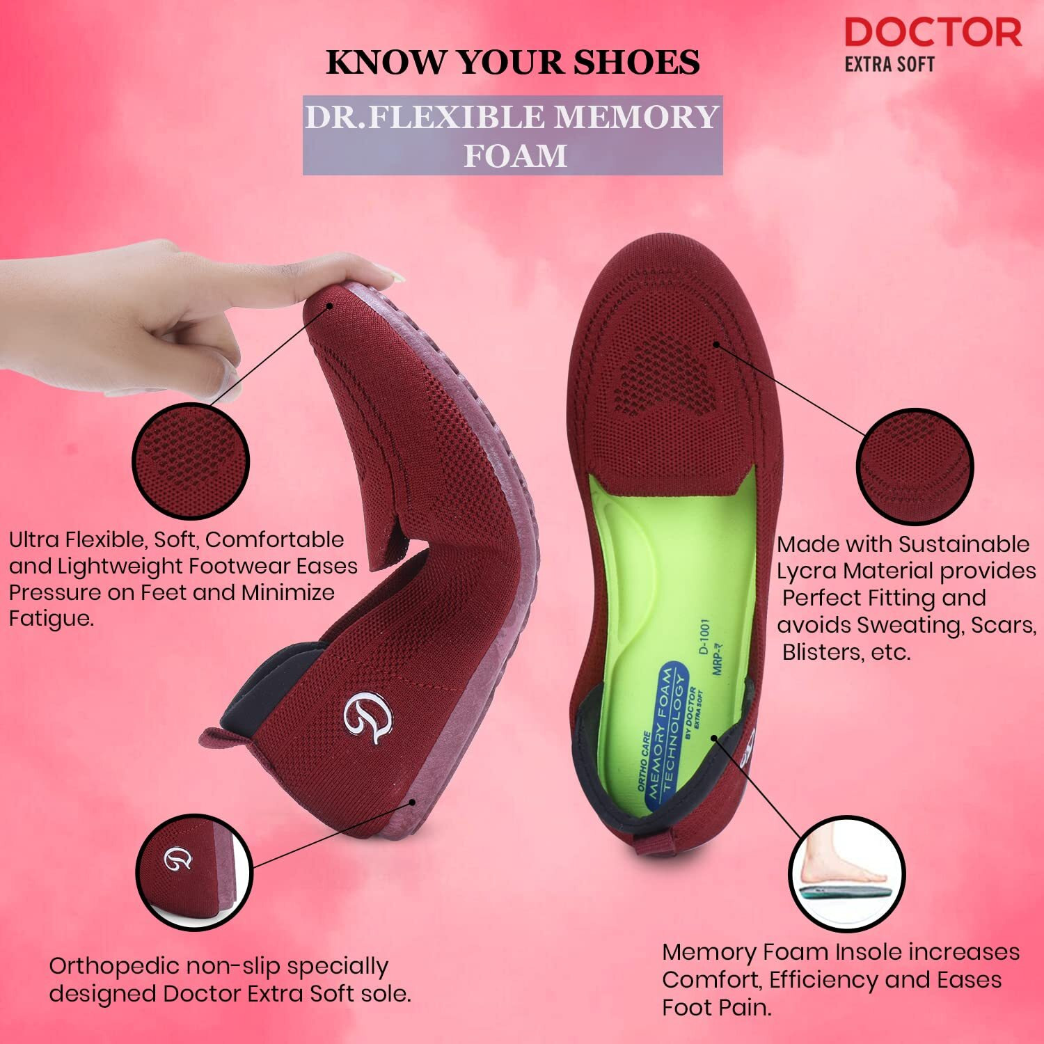 Doctor Extra Soft Flexible Memory Foam Women's Shoes For Walking Gym Training,Casual, Sports,Slip-On,Lightweight Lace Up Athletics Slipon Running Sneaker For Ladies And Girls D-1003-Maroon-8 Uk
