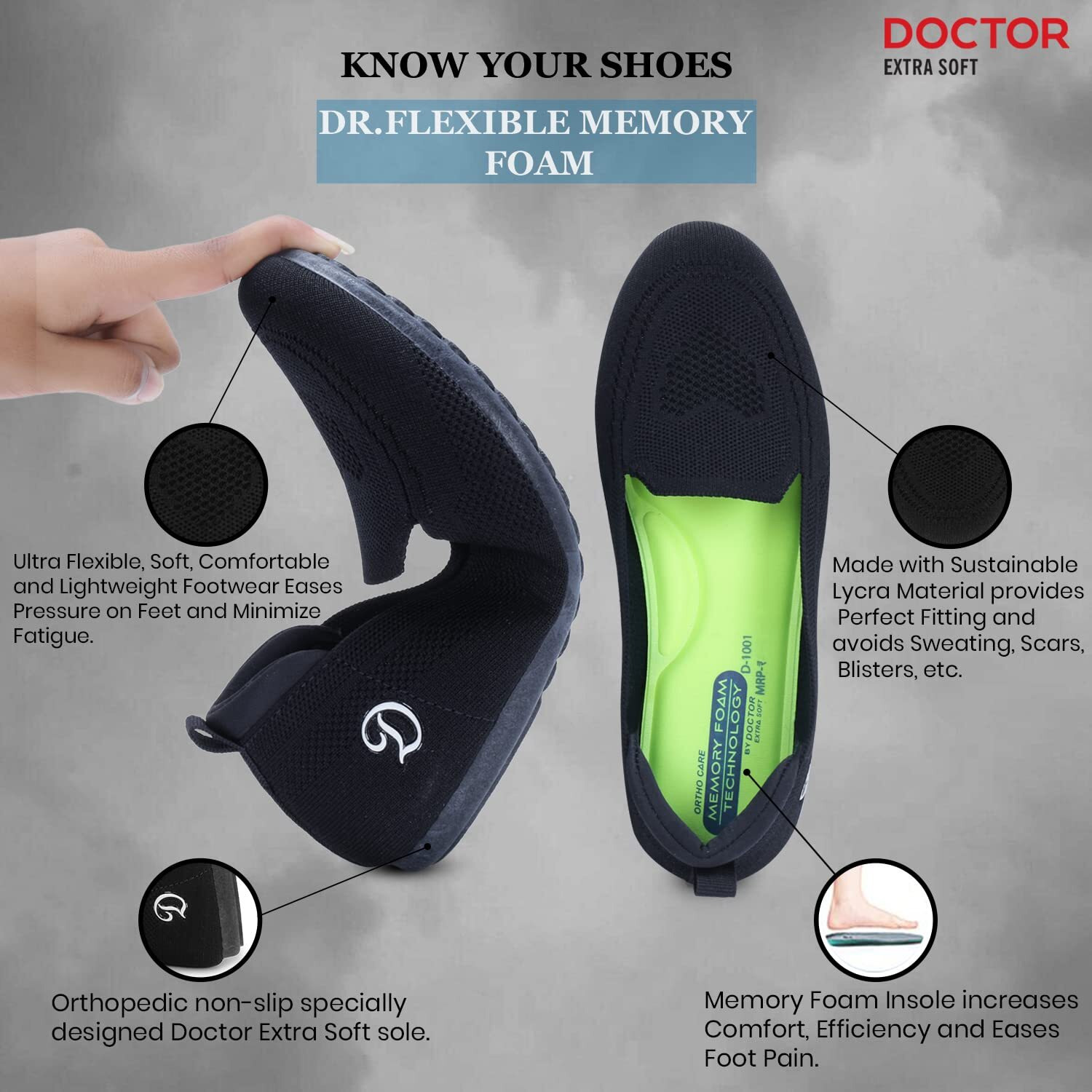 Doctor Extra Soft Flexible Memory Foam Women's Shoes For Walking Gym Training,Casual, Sports,Slip-On,Lightweight Lace Up Athletics Slipon Running Sneaker For Ladies And Girls D-1003-Black-9 Uk