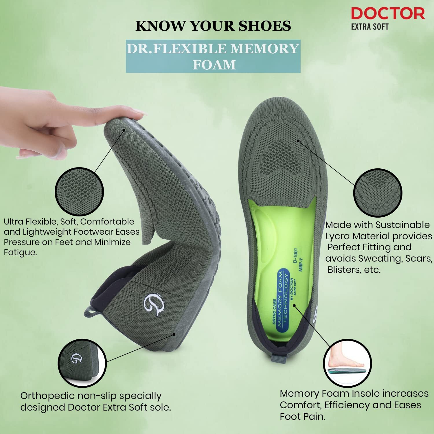 Doctor Extra Soft Flexible Memory Foam Women's Shoes For Walking Gym Training,Casual, Sports,Slip-On,Lightweight Lace Up Athletics Slipon Running Sneaker For Ladies And Girls D-1003-Olive-5 Uk