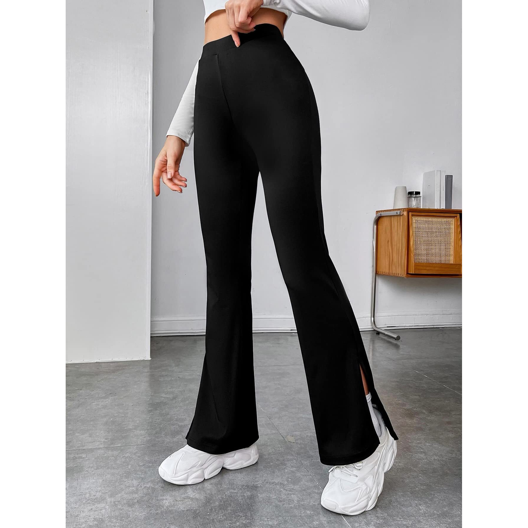 Digital Shopee Women's & Girls' Solid Side Split Hem Flare Leg Bell Bottom Pants Trouser (Black, Extra Small)