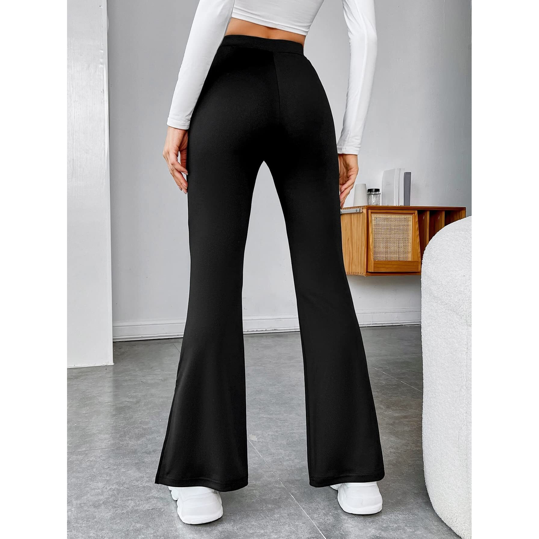Digital Shopee Women's & Girls' Solid Side Split Hem Flare Leg Bell Bottom Pants Trouser (Black, Extra Small)