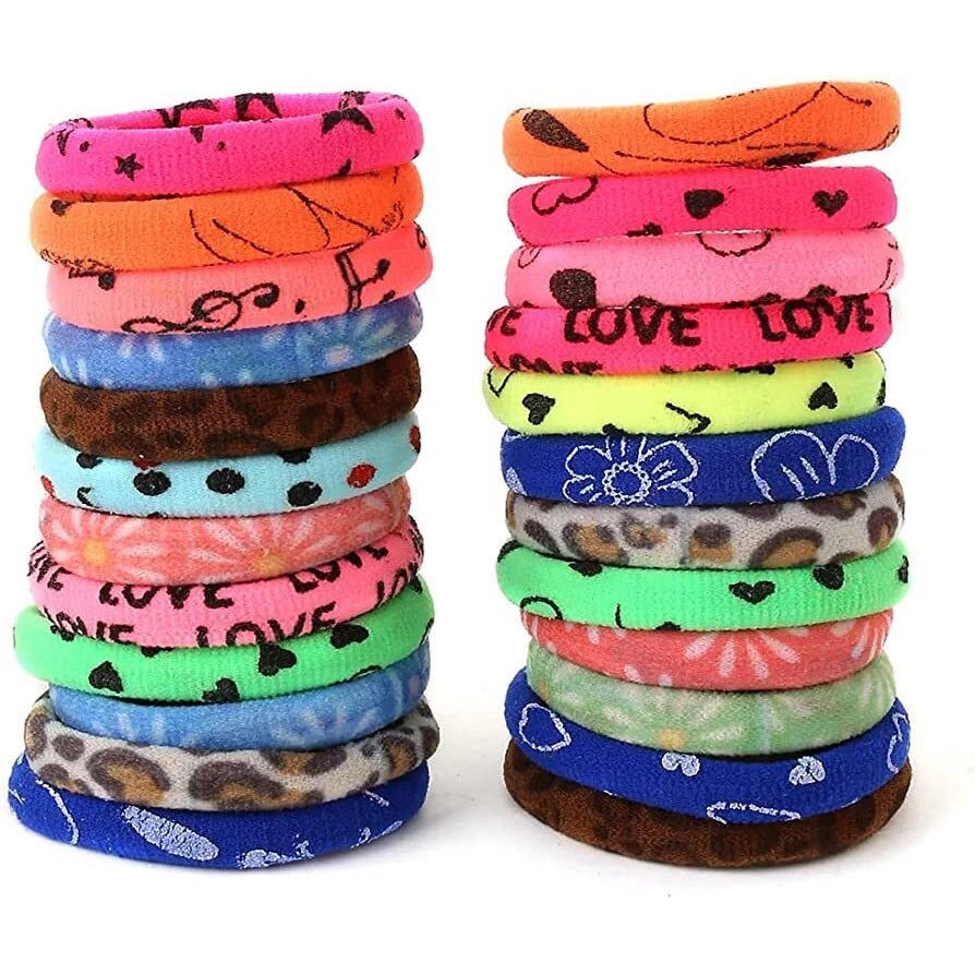 Diversa Multiprinted Hair Elastic Cotton Stretchable Rubber Bands Polytail Hair Ties For Women And Girls (Multicolor, Pack Of 24 Pcs) - Multi-Printed