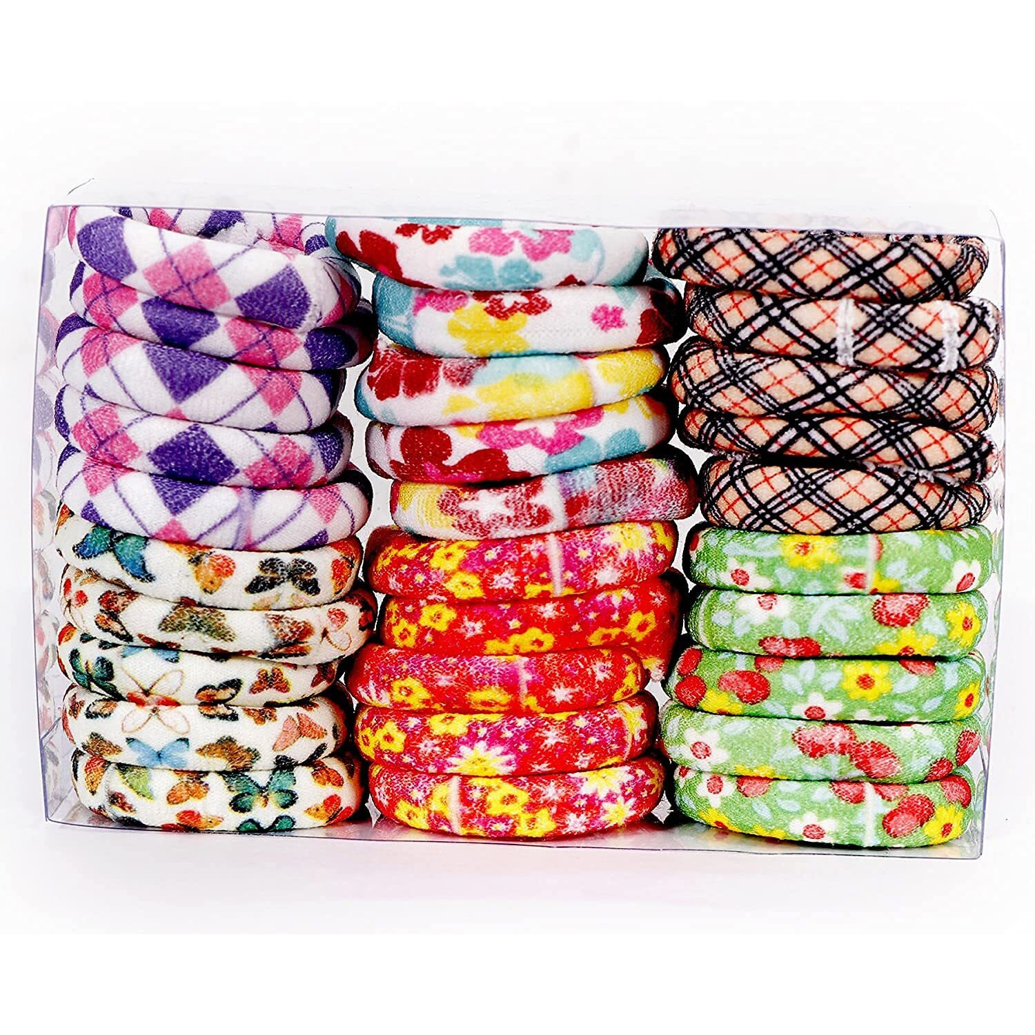 Diversa Multiprinted Hair Elastic Cotton Stretchable Rubber Bands Polytail Hair Ties For Women And Girls (Multicolor, Pack Of 24 Pcs) - Multi-Printed
