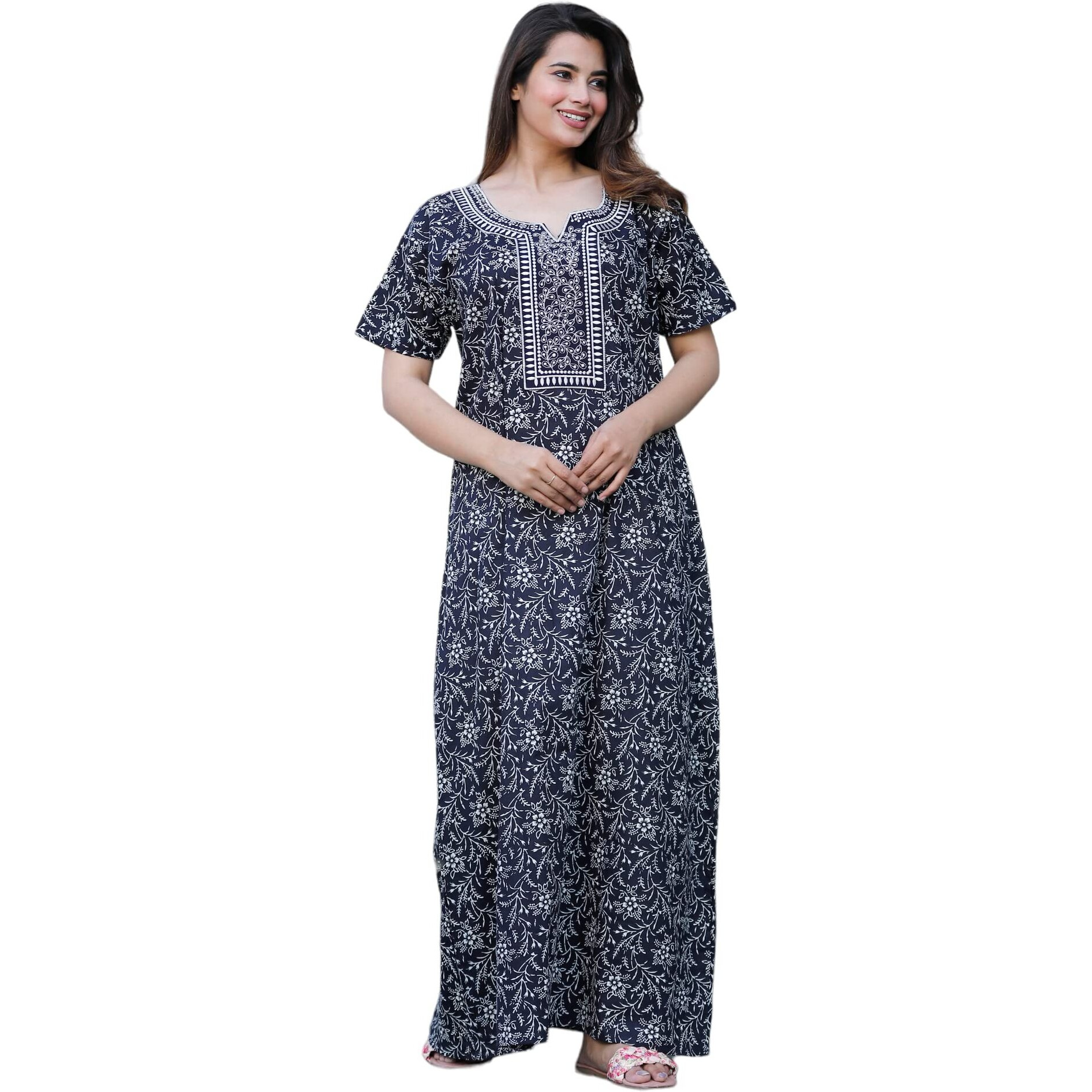 G4Girl Cotton Embroidery Maxi Nighty For Womens/Girls (Z3, Black) Free Size