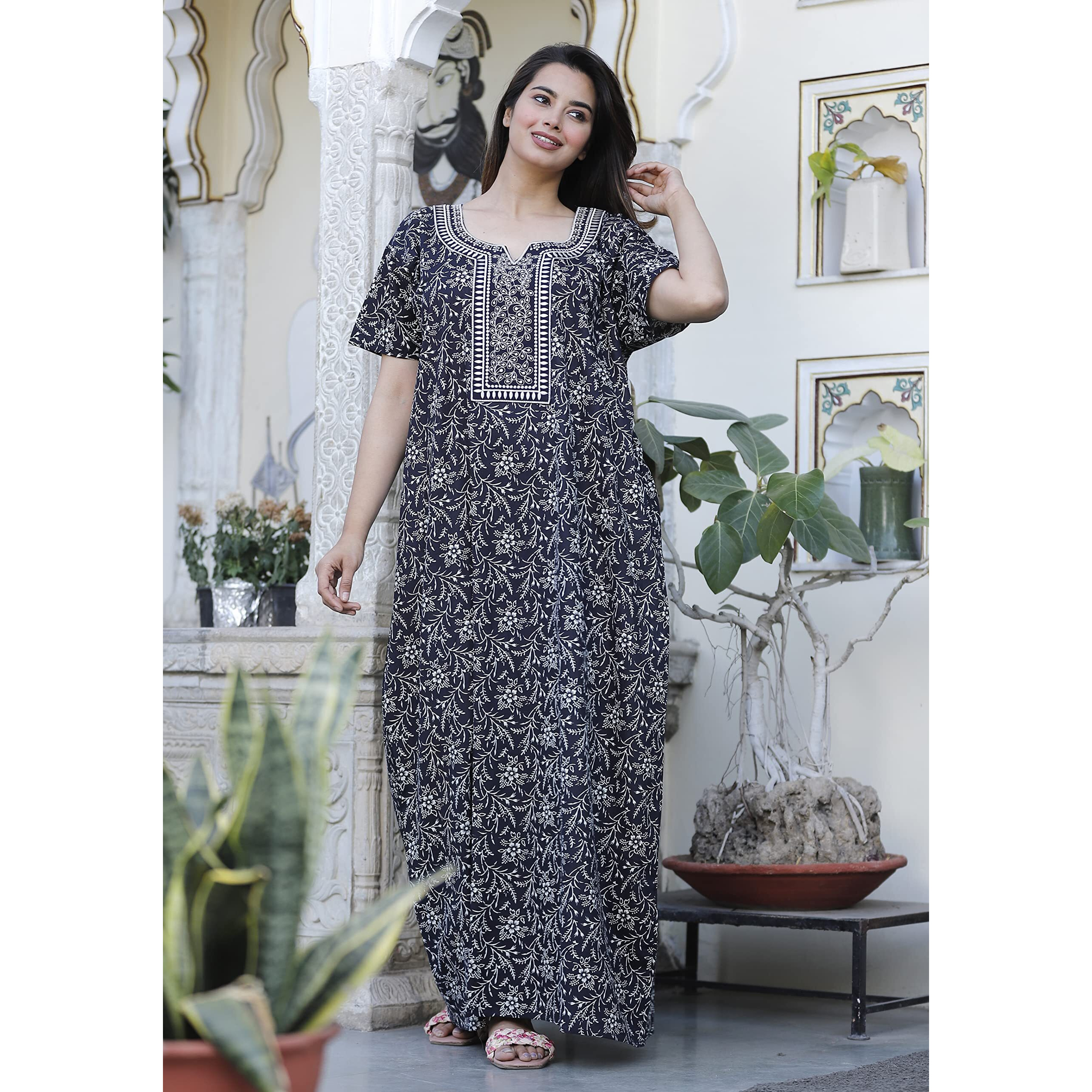 G4Girl Cotton Embroidery Maxi Nighty For Womens/Girls (Z3, Black) Free Size