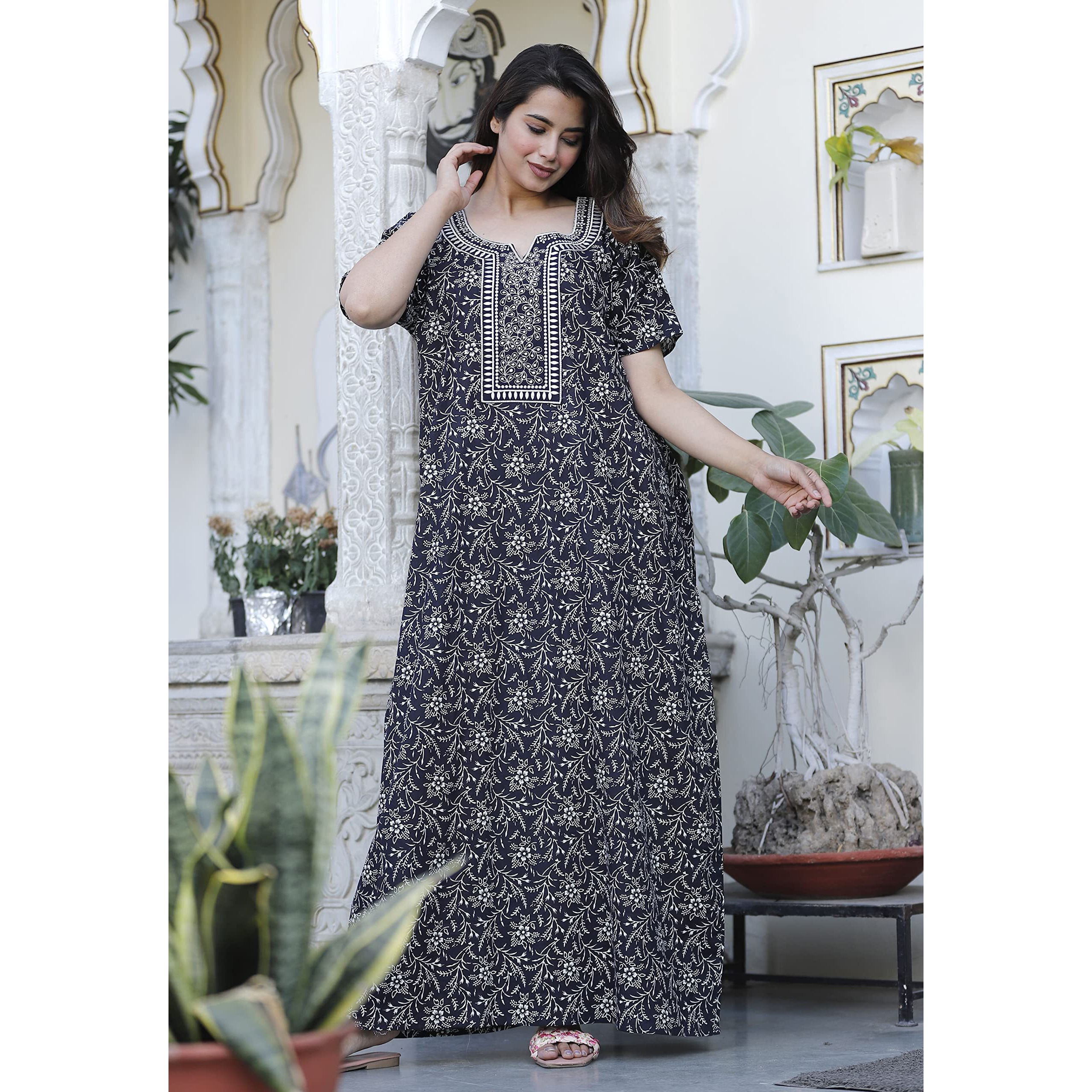 G4Girl Cotton Embroidery Maxi Nighty For Womens/Girls (Z3, Black) Free Size