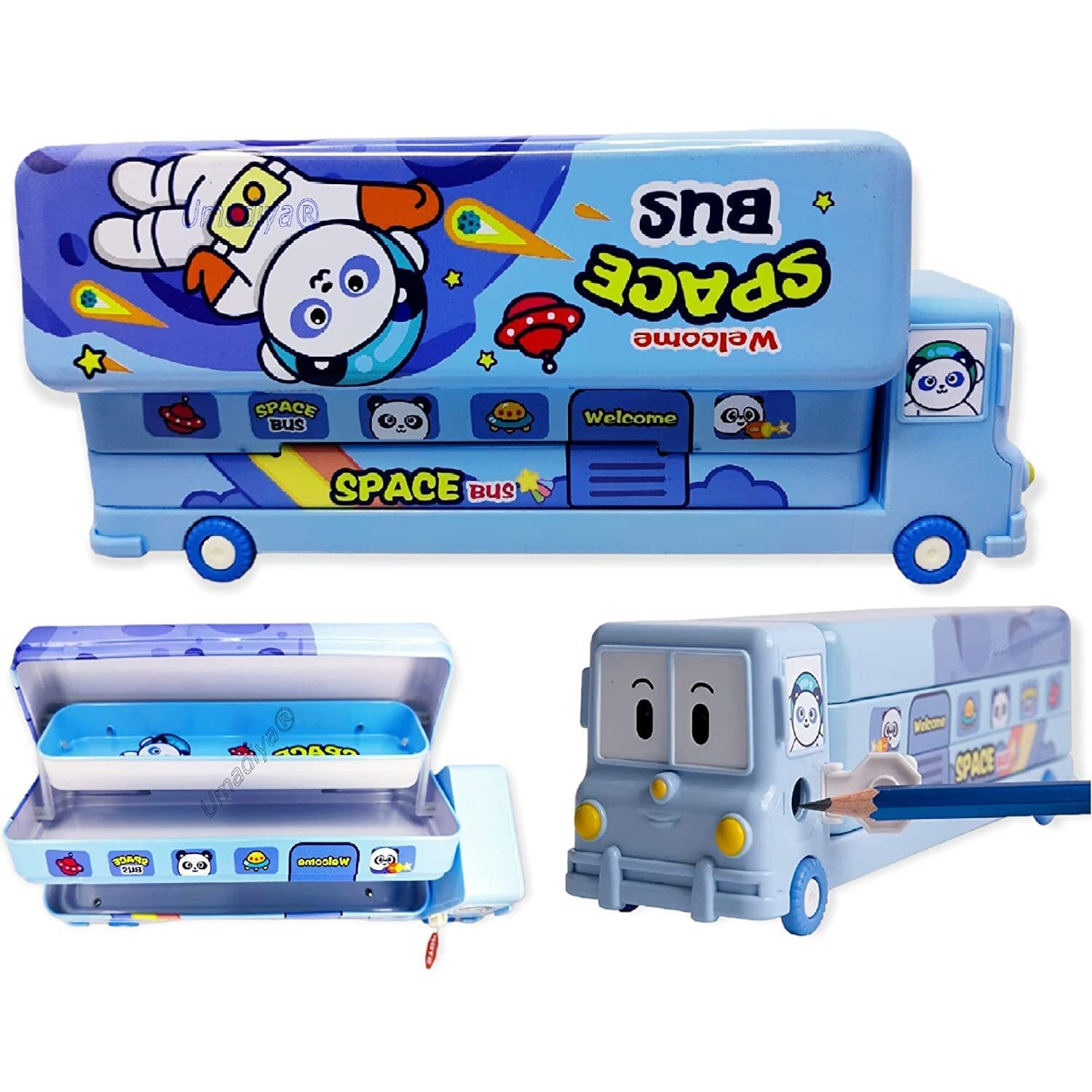 Umadiya Branded Metal Double Decker Bus Shape Pencil Box For Kids With Moving Tyres & 3 Compartments Moving Tyre's Case For Boys & Girls - Blue