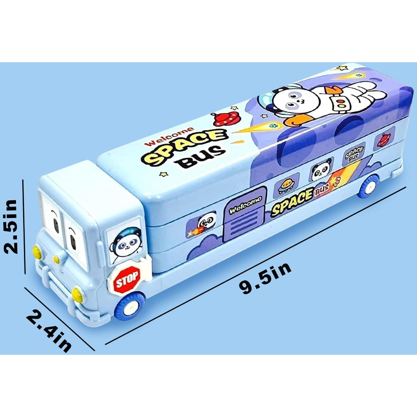 Umadiya Branded Metal Double Decker Bus Shape Pencil Box For Kids With Moving Tyres & 3 Compartments Moving Tyre's Case For Boys & Girls - Blue