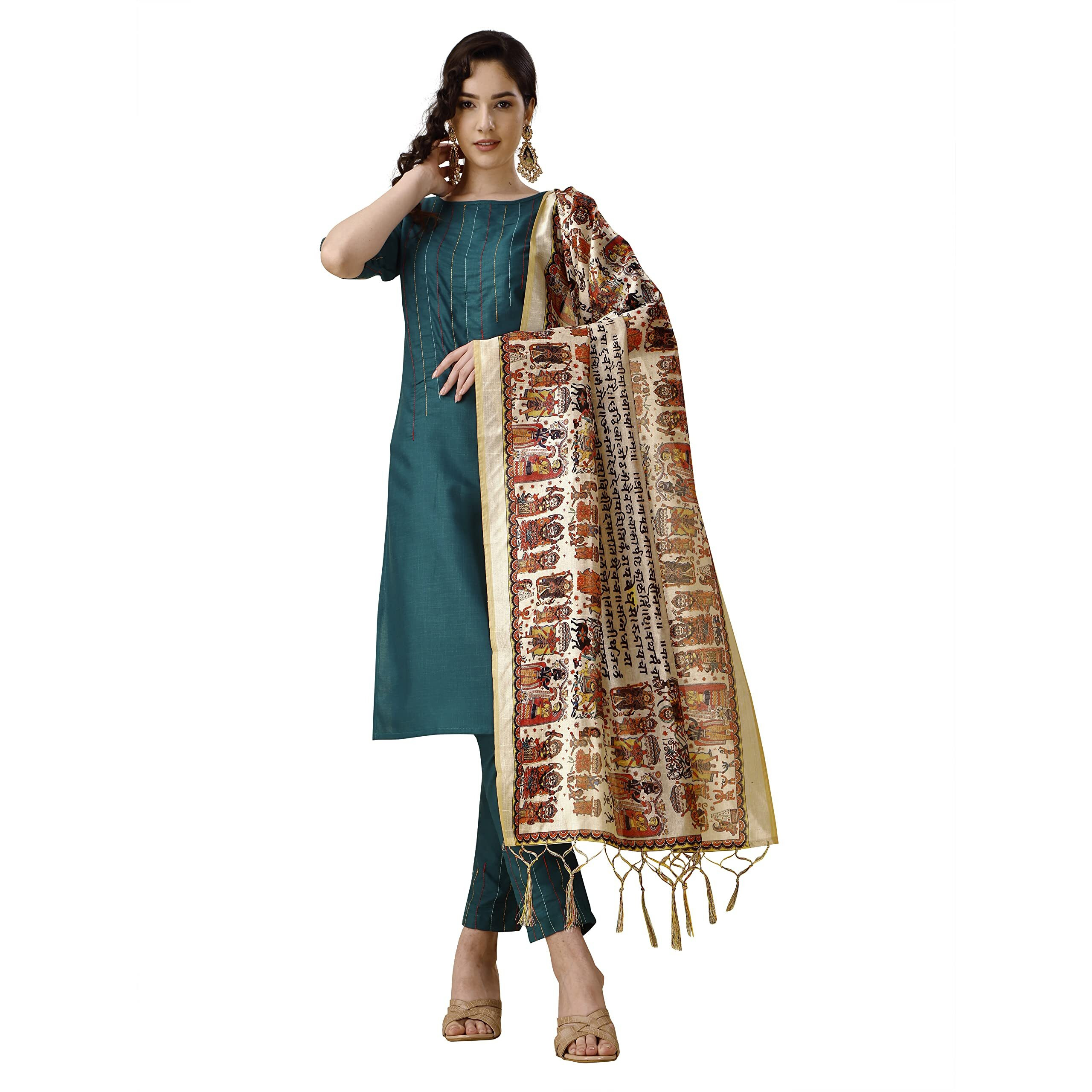 Ethnicjunction Women's Solid & Striped Thread Work Cotton Kurta Pant With Digital Print Kurta Set With Dupatta (B31-Bharat- Rama_Xl_Rama)