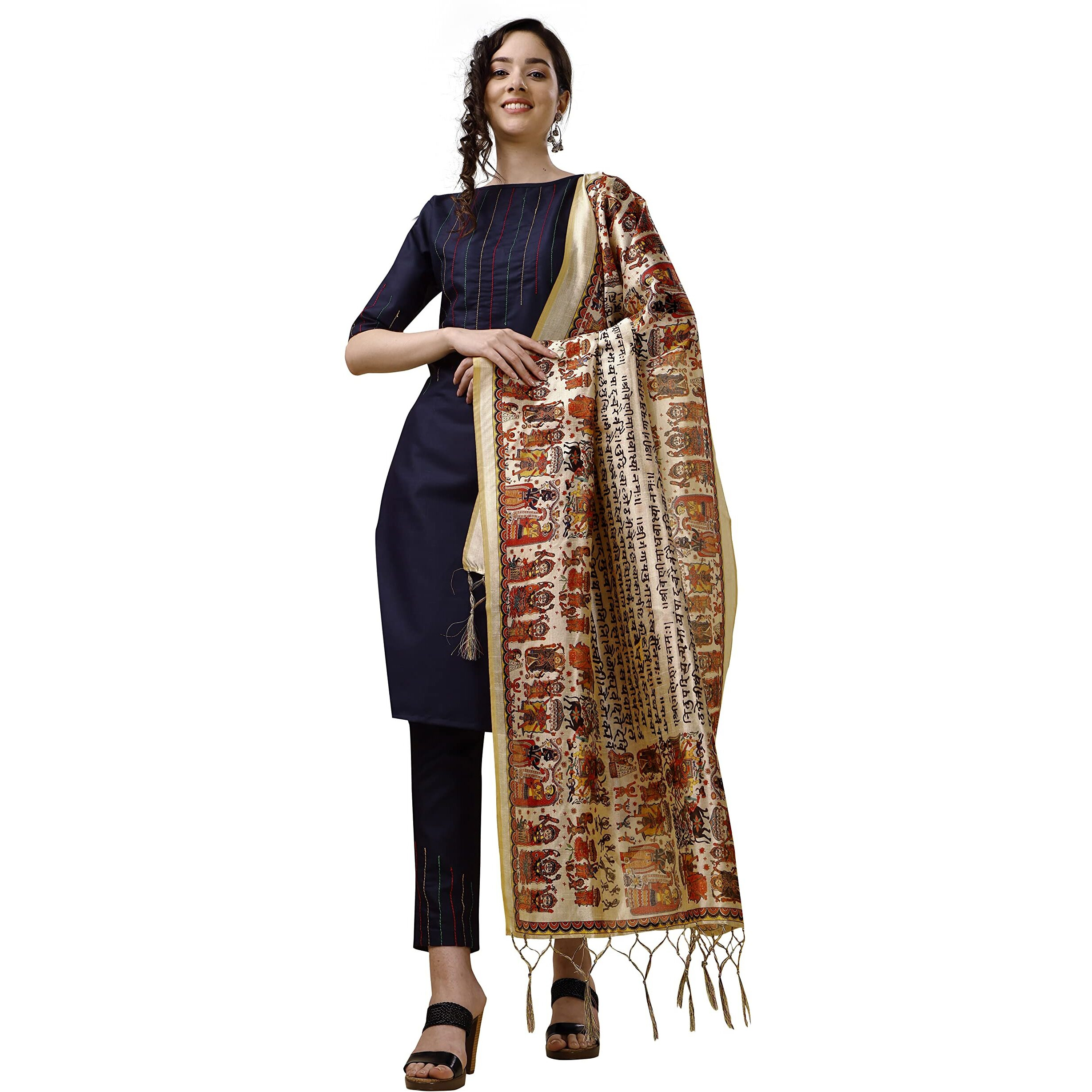 Ethnicjunction Women's Solid & Striped Thread Work Cotton Kurta Pant With Digital Print Dupatta Set (B31-Bharat-Navy_S_Navy Blue)