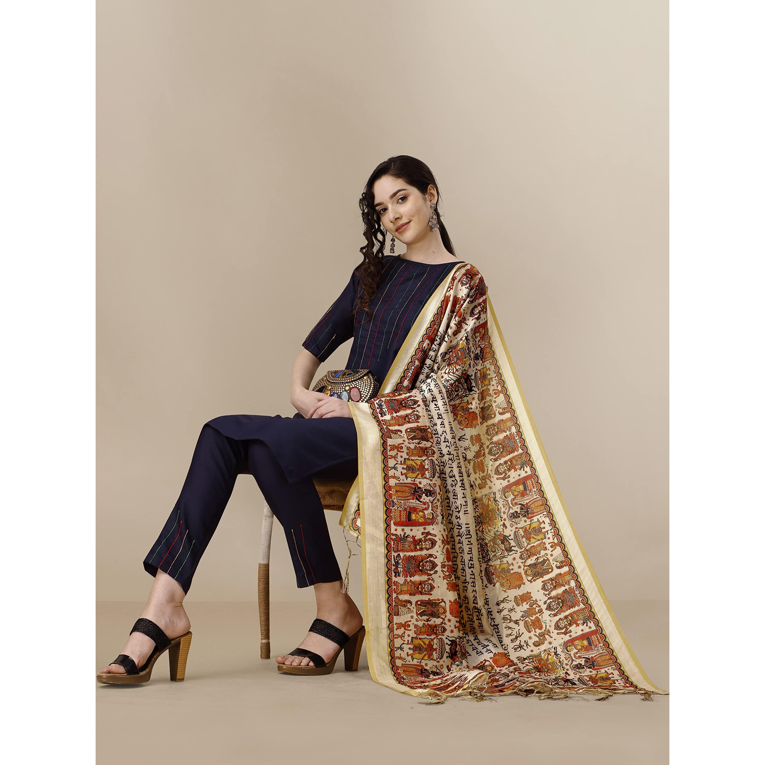 Ethnicjunction Women's Solid & Striped Thread Work Cotton Kurta Pant With Digital Print Dupatta Set (B31-Bharat-Navy_S_Navy Blue)