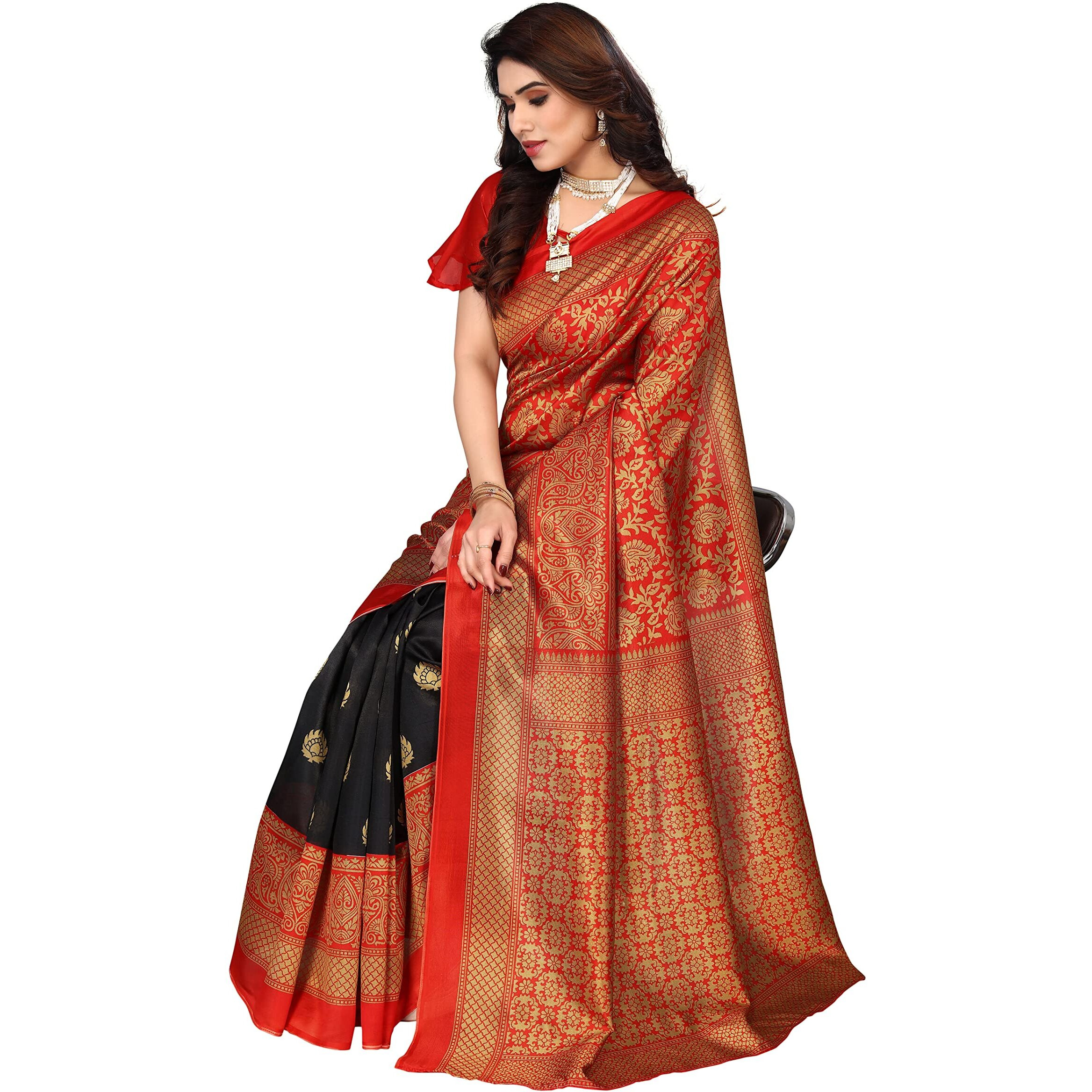 Yashika Women Venkatagiri Printed Art Silk With Blouse Piece Saree (Sdpl-Metro Black_Free Size)