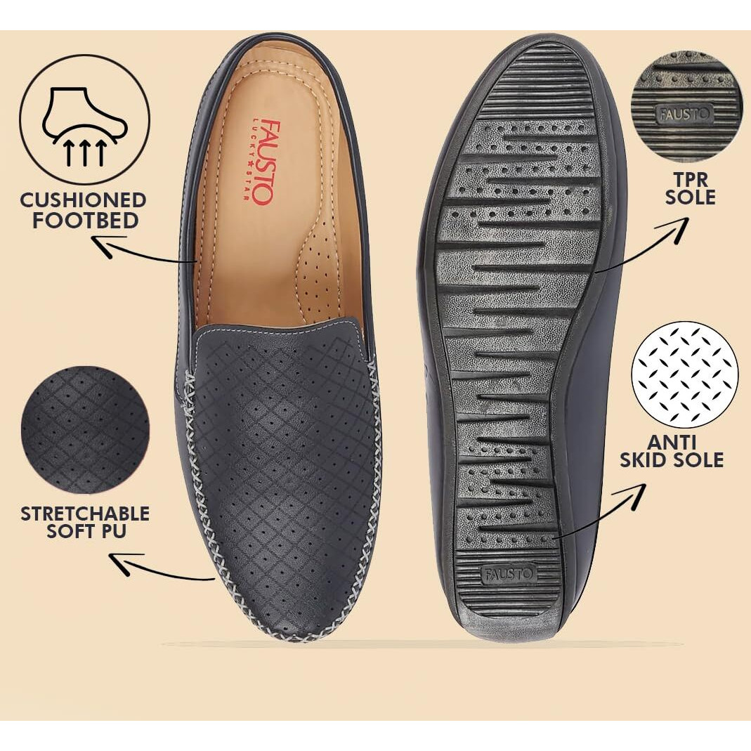 Fausto Fst Fosme-2027 Blue-45 Men's Blue Stitched Block Pattern Back Open Slip On Loafer Shoes (11 Uk)