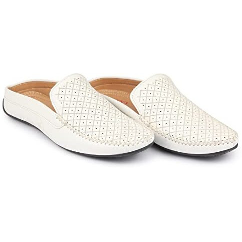 Fausto Fst Fosme-2027 White-43 Men's White Stitched Block Pattern Back Open Slip On Loafer Shoes (9 Uk)