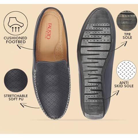 Fausto Fst Fosme-2027 Blue-47 Men's Blue Stitched Block Pattern Back Open Slip On Loafer Shoes (13 Uk)