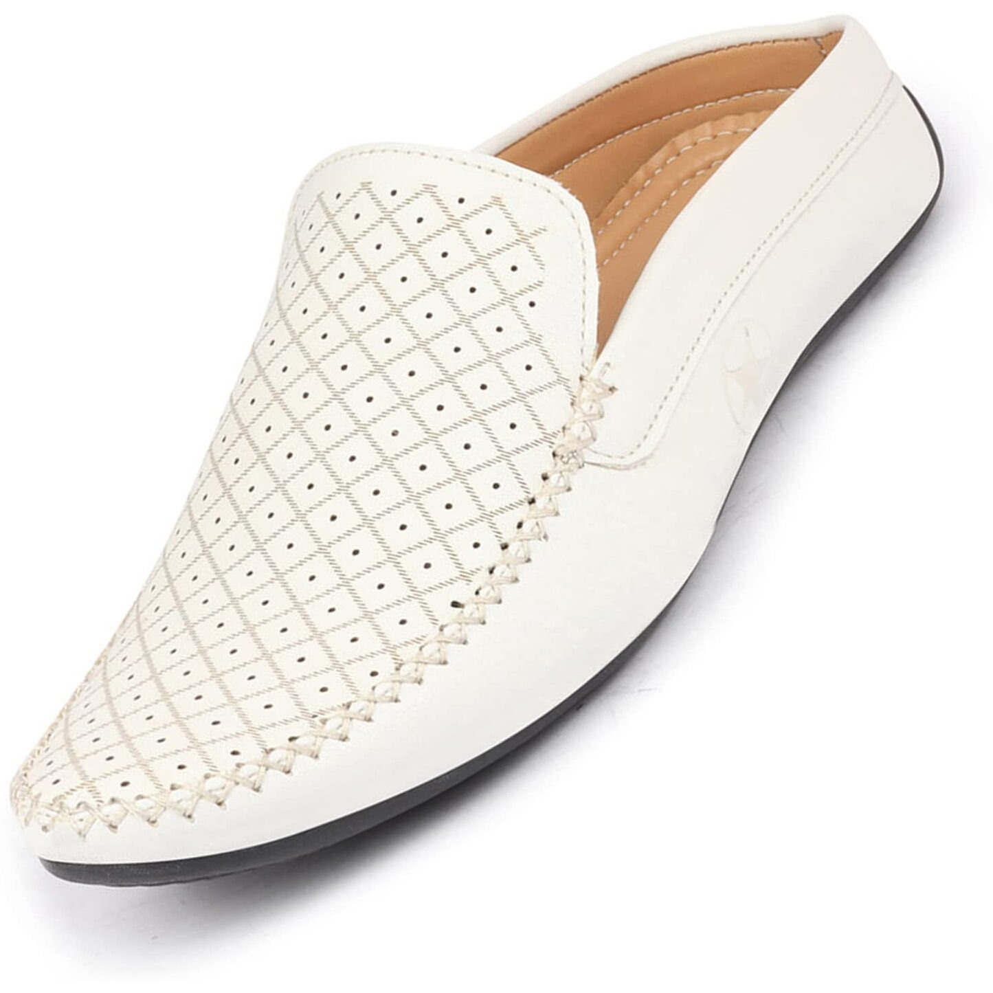 Fausto Fst Fosme-2027 White-46 Men's White Stitched Block Pattern Back Open Slip On Loafer Shoes (12 Uk)