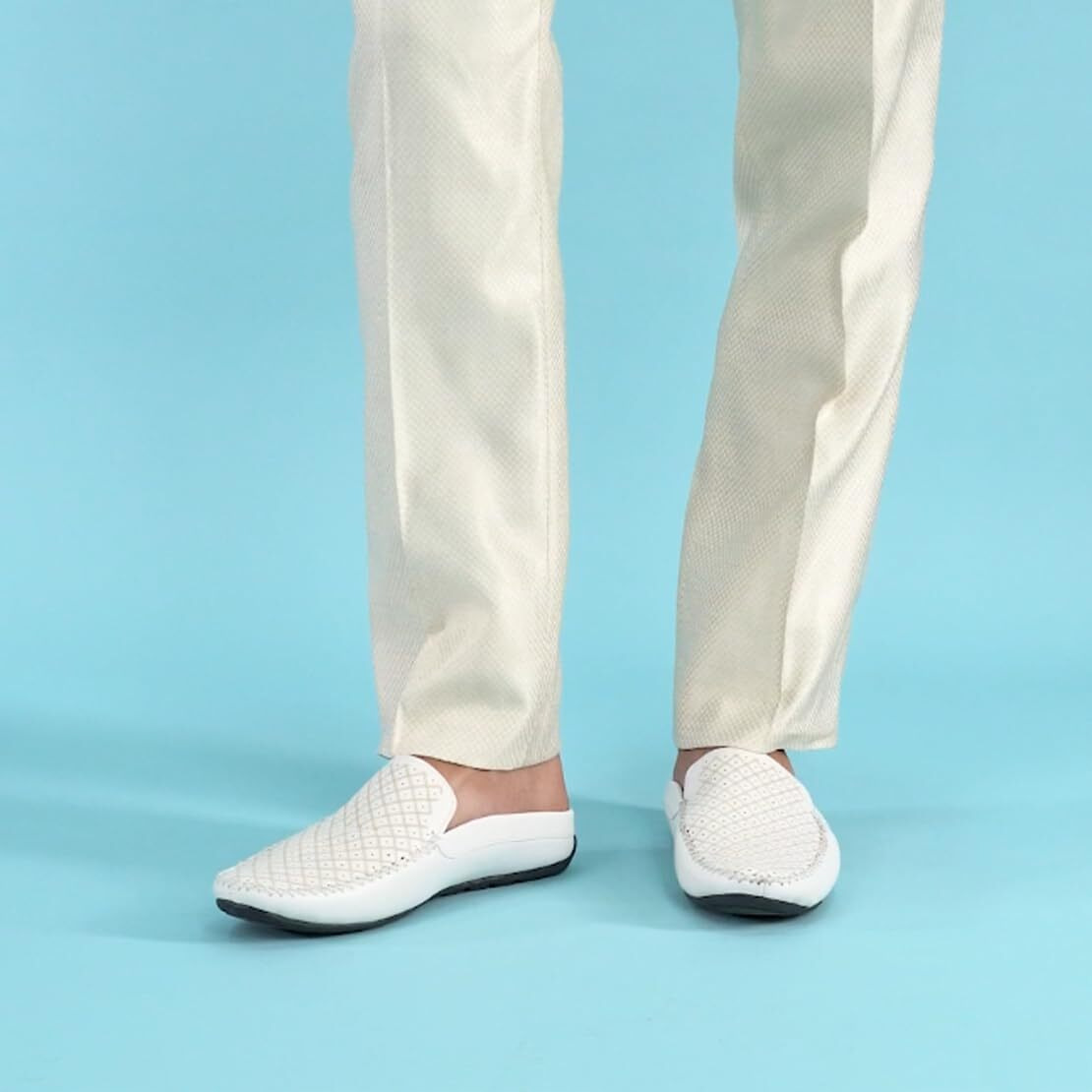 Fausto Fst Fosme-2027 White-46 Men's White Stitched Block Pattern Back Open Slip On Loafer Shoes (12 Uk)