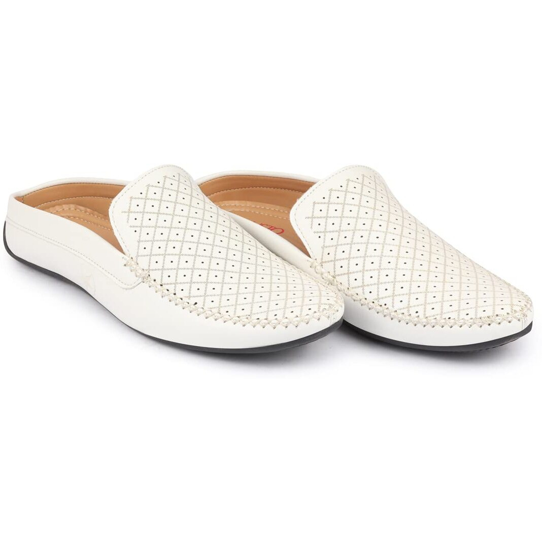Fausto Fst Fosme-2027 White-46 Men's White Stitched Block Pattern Back Open Slip On Loafer Shoes (12 Uk)