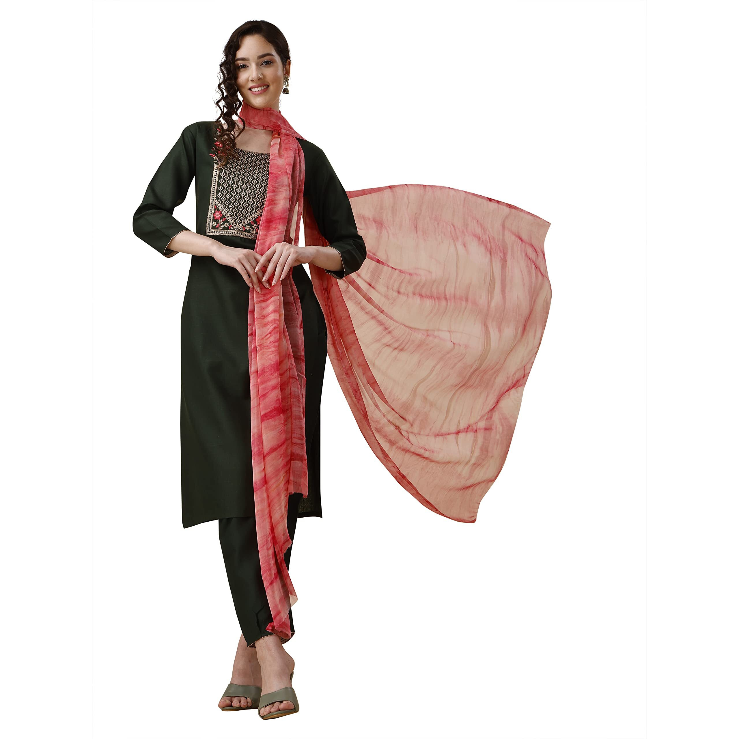 Ethnicjunction Women's Embroidered Cotton Blend A-Line Kurta Pant With Dupatta Set (Skd32-Angel-Bottle Green_Xl_Bottle Green)