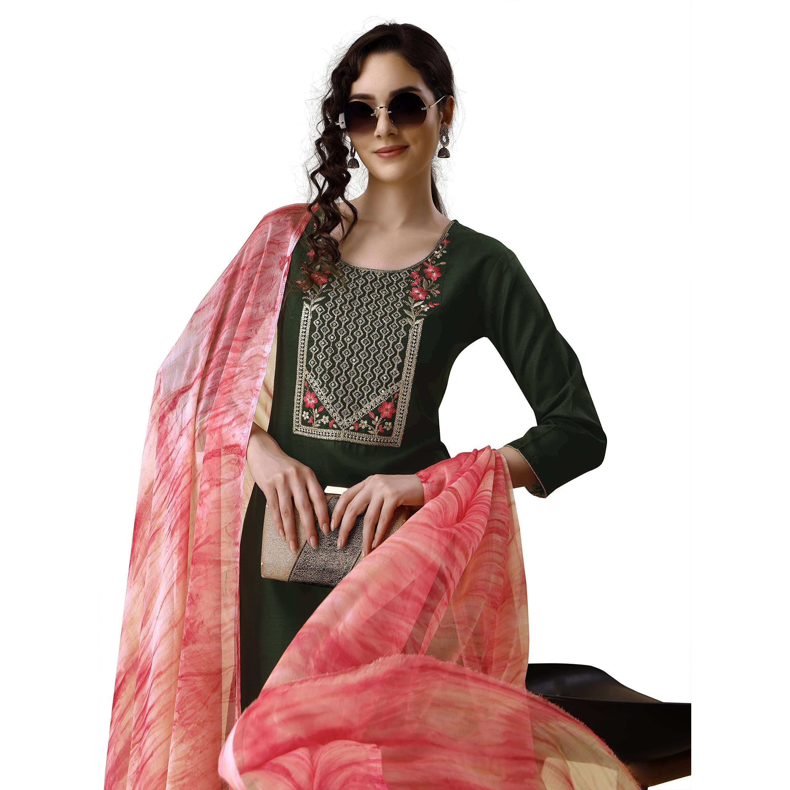 Ethnicjunction Women's Embroidered Cotton Blend A-Line Kurta Pant With Dupatta Set (Skd32-Angel-Bottle Green_Xl_Bottle Green)