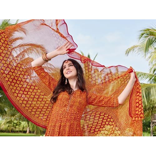 Ethnicjunction Women's Cotton Blend Printed Naira Cut Kurta Pant With Dupatta Set Orange