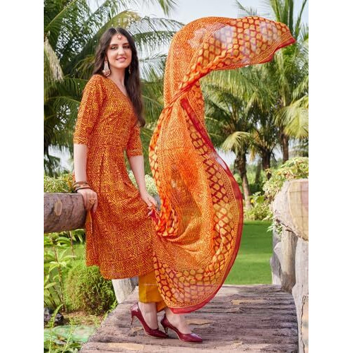 Ethnicjunction Women's Cotton Blend Printed Naira Cut Kurta Pant With Dupatta Set Orange