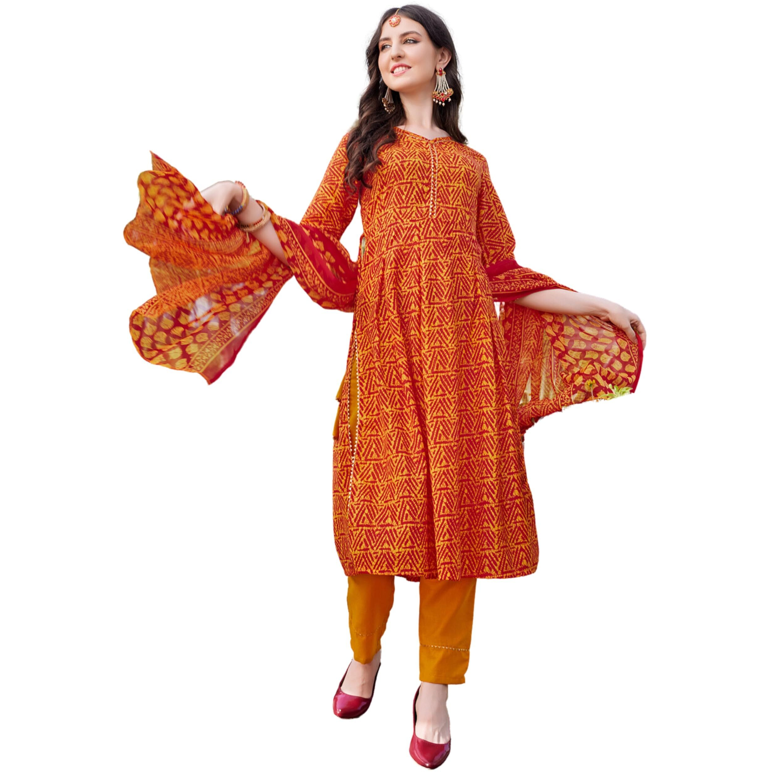 Ethnicjunction Women's Cotton Blend Printed Naira Cut Kurta Pant With Dupatta Set Orange