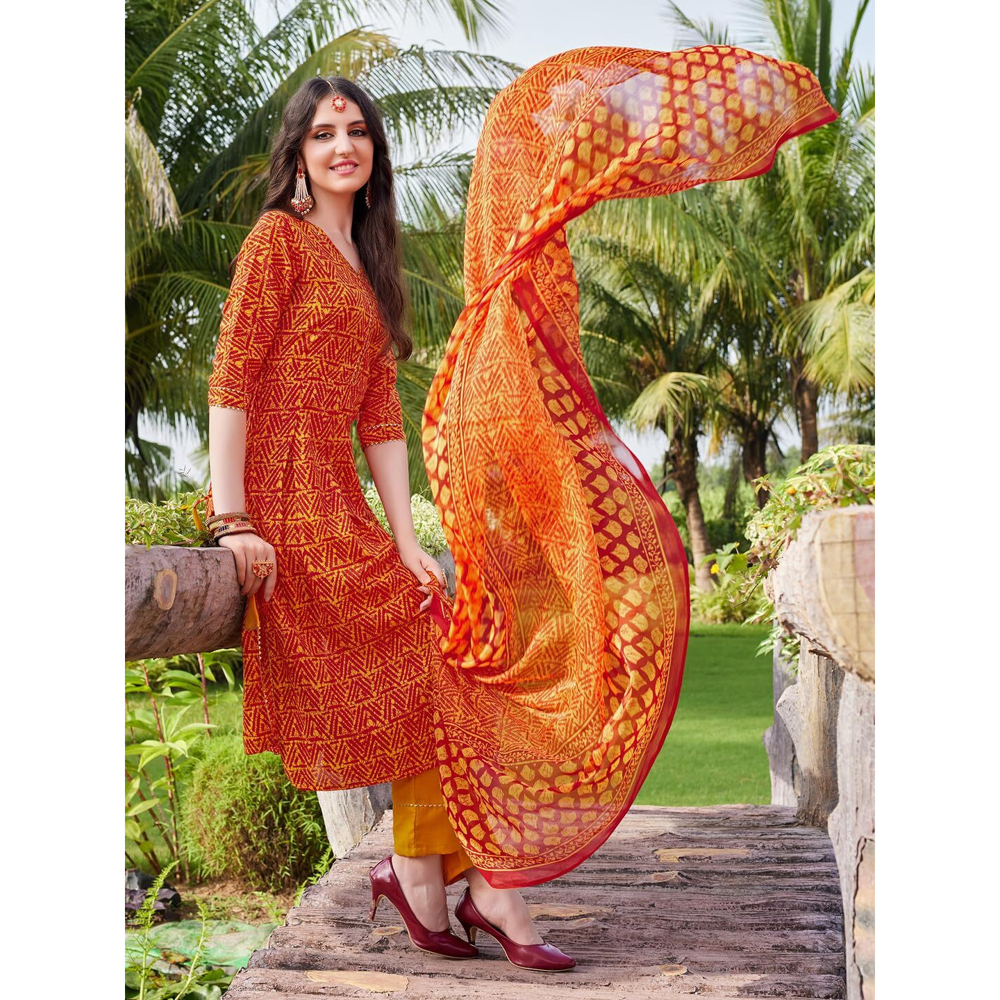 Ethnicjunction Women's Cotton Blend Printed Naira Cut Kurta Pant With Dupatta Set Orange