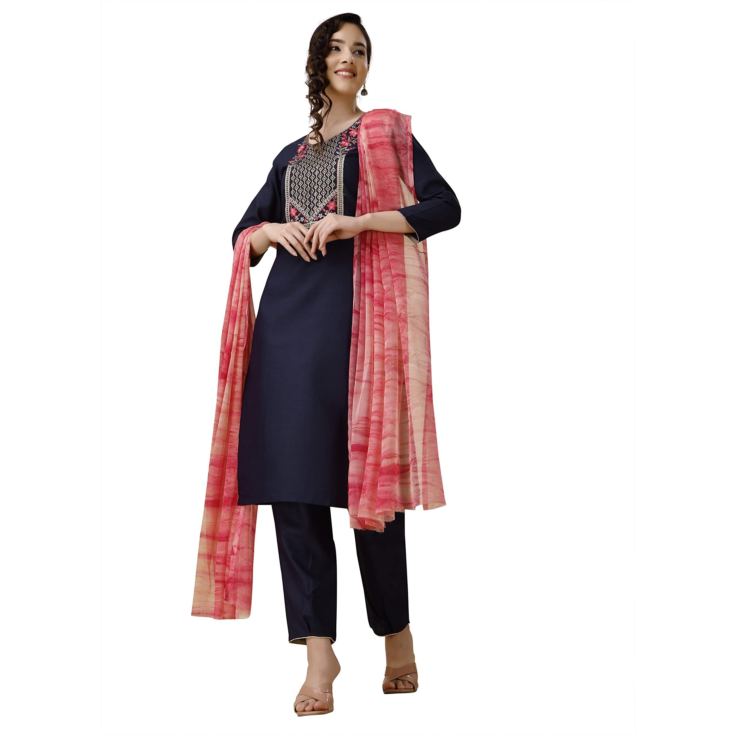 Ethnicjunction Women's Embroidered Cotton Blend A-Line Kurta Pant With Dupatta Set (Skd32-Angel-Navy_S_Navy Blue)