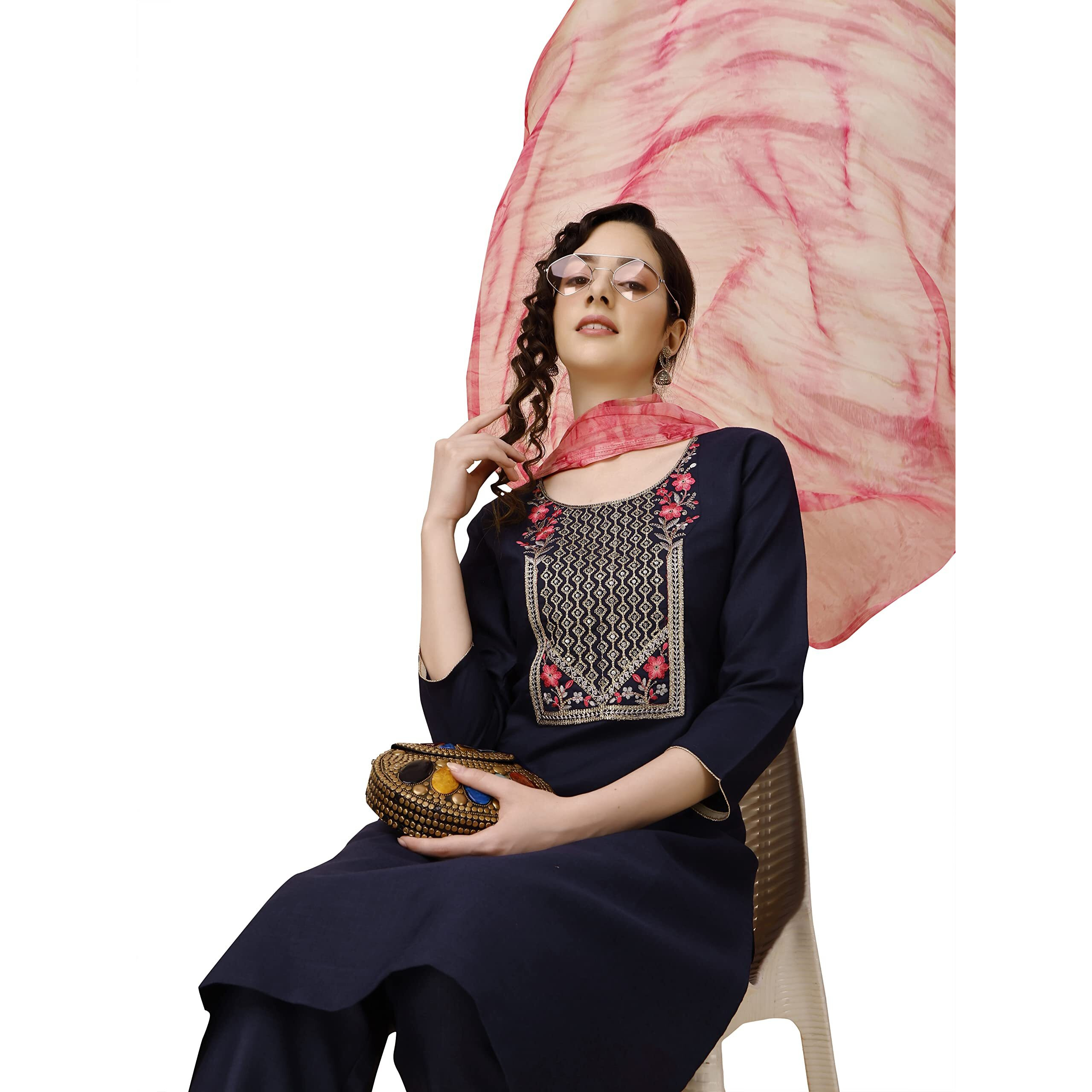 Ethnicjunction Women's Embroidered Cotton Blend A-Line Kurta Pant With Dupatta Set (Skd32-Angel-Navy_S_Navy Blue)