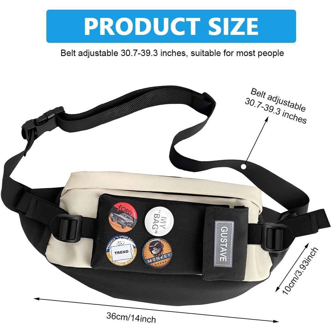 Gustave Waist Bags For Men Women With 4 Badges And Adjustable Strap, Waterproof Bumbag Creative Stylish Sport Chest Bag Waist Pack For Hiking Travel Camping Running Sports Outdoors